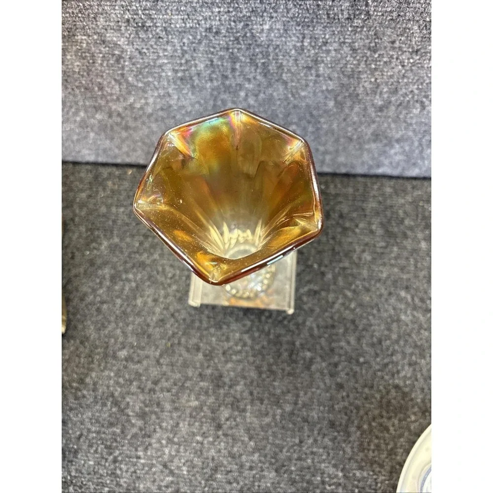 Vtg~Carnival Glass Paneled~Clear-to-Marigold~Stretch Glass Vase~9